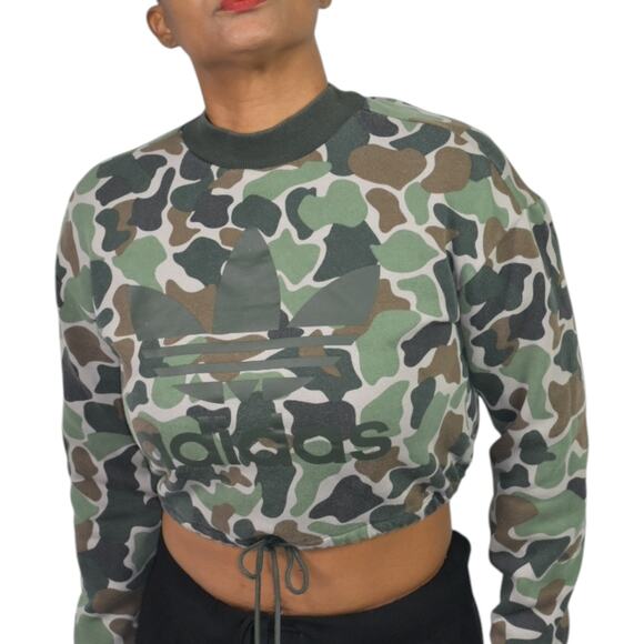 ADIDAS Camo Cropped Sweatshirt Green Army Trefoil Logo Drawstring Crewneck Small - Picture 1 of 15